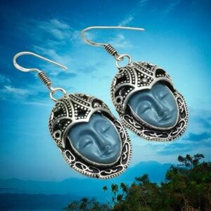 Blue Carved Stone Bali Goddess Earrings 925 Silver Dangle Drop Carved Stone